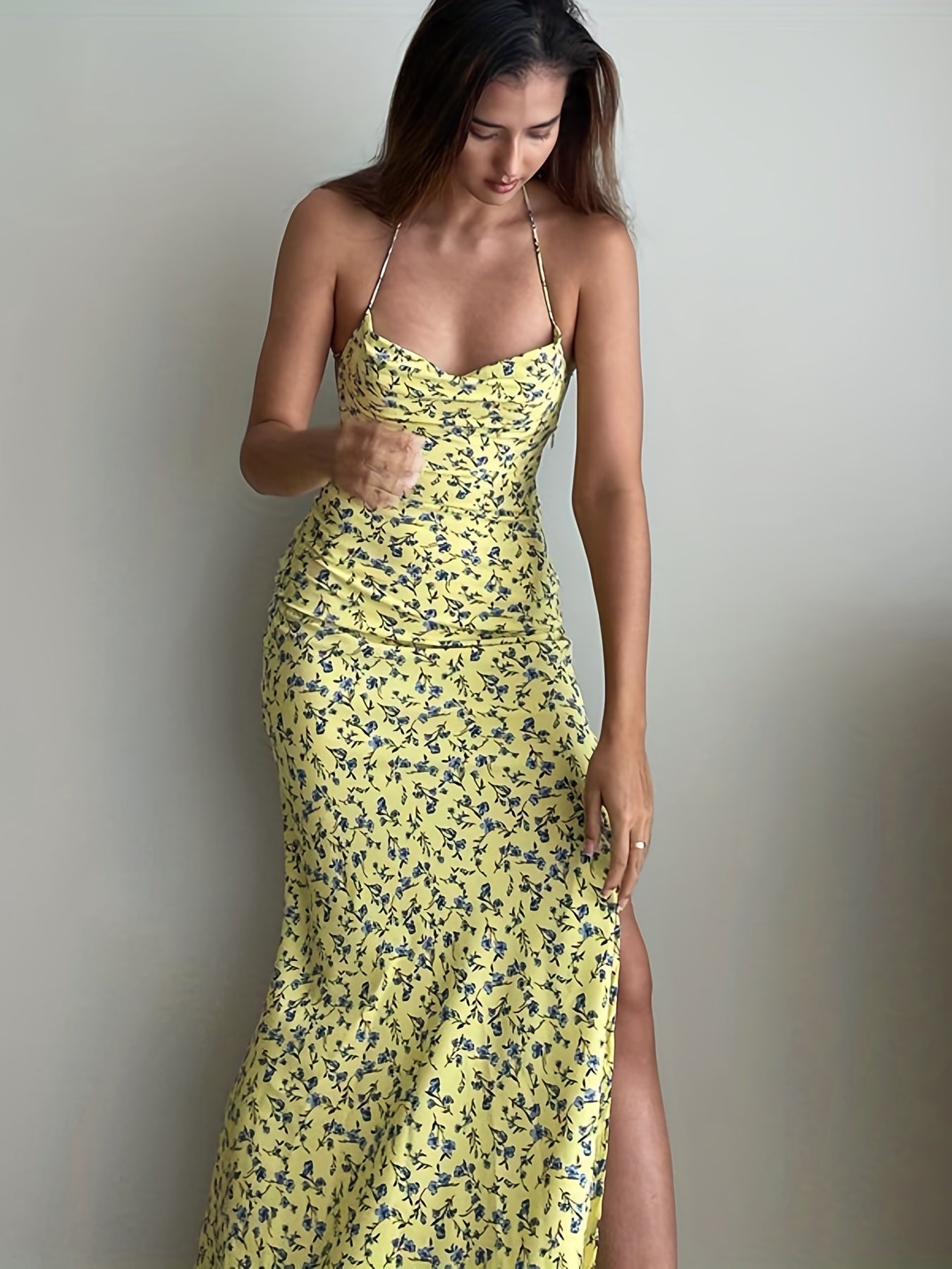 Antmvs Floral Print Split Halter Neck Dress, Sexy Backless Halter Dress For Spring & Summer, Women's Clothing