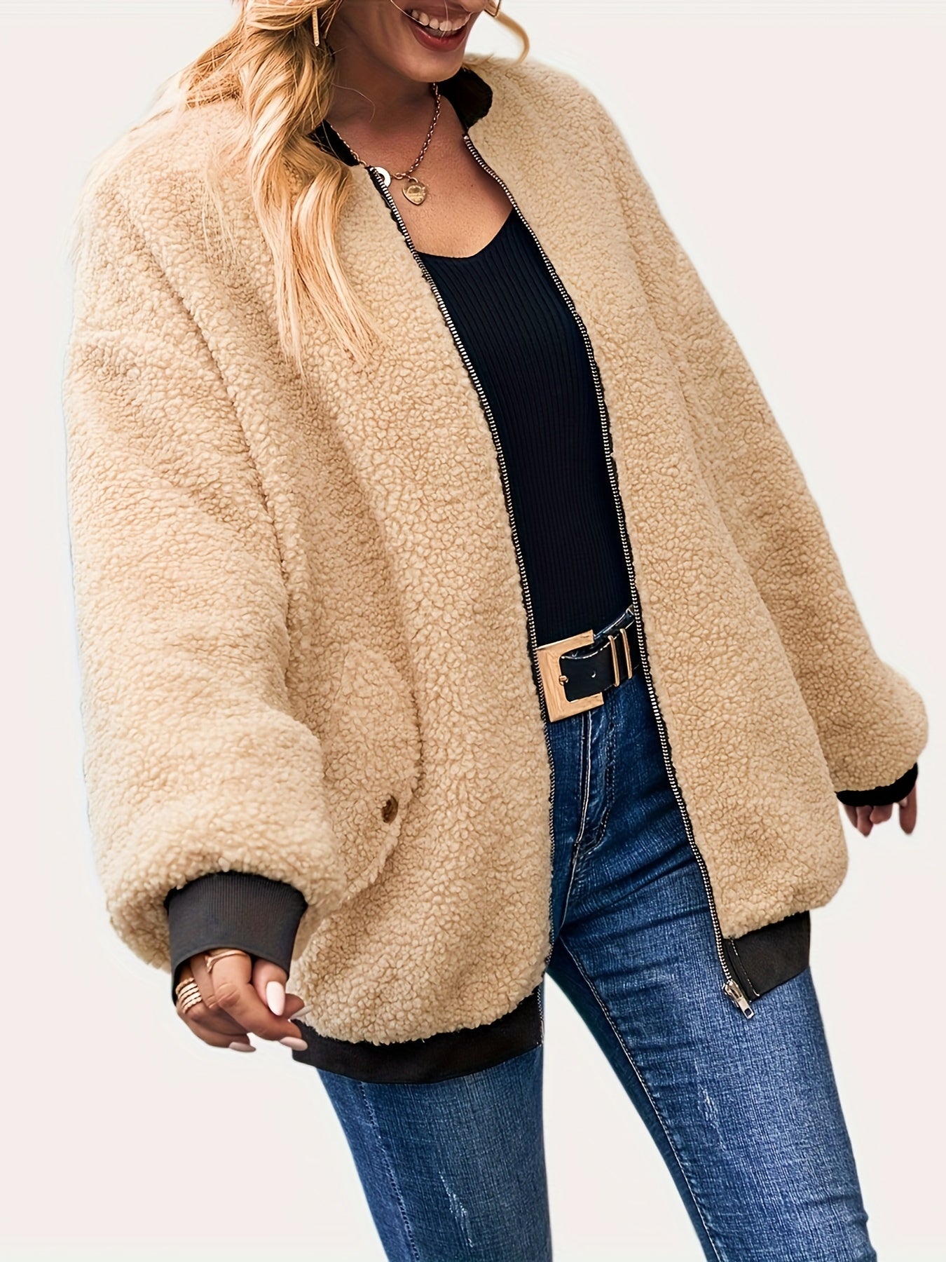 Antmvs Teddy Bomber Fall & Winter Jacket, Casual Zip Up Long Sleeve Outerwear, Women's Clothing