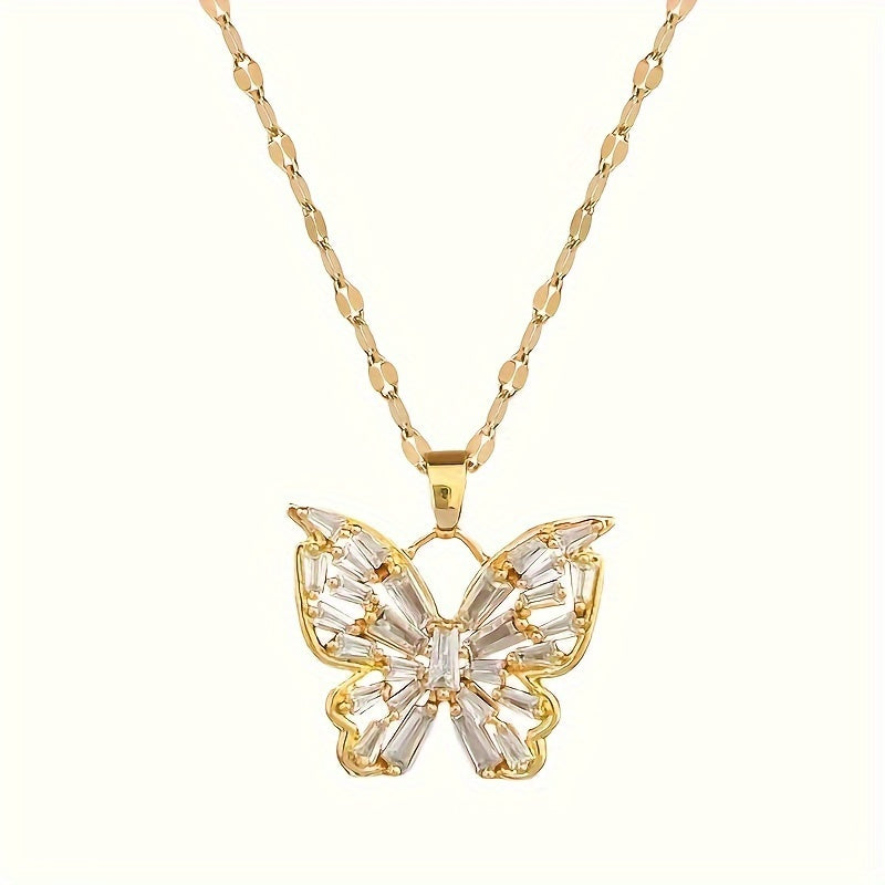 Fashionable French Retro Elegant Light Luxury Style Shiny Zircon Butterfly Pendant Necklace Temperament Women's Necklace The First Choice Gift for Girls and Women