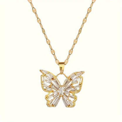 Fashionable French Retro Elegant Light Luxury Style Shiny Zircon Butterfly Pendant Necklace Temperament Women's Necklace The First Choice Gift for Girls and Women