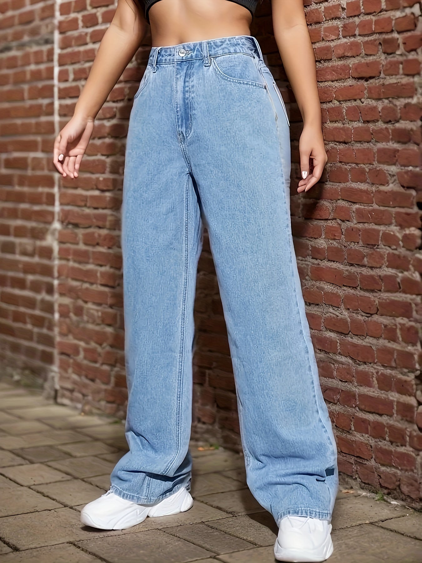 Antmvs Blue Loose Fit Straight Jeans, Non-Stretch Slant Pockets Washed Denim Pants, Women's Denim Jeans & Clothing