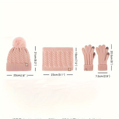 Teenager Hat, Scarf and Gloves Three-pcs Set Winter Thickened and Fleece-lined Warm Knitted Set