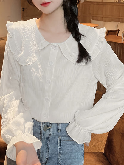 Antmvs Solid Textured Peter Pan Collar Blouse, Sweet Long Sleeve Button Front Blouse For Spring & Fall, Women's Clothing