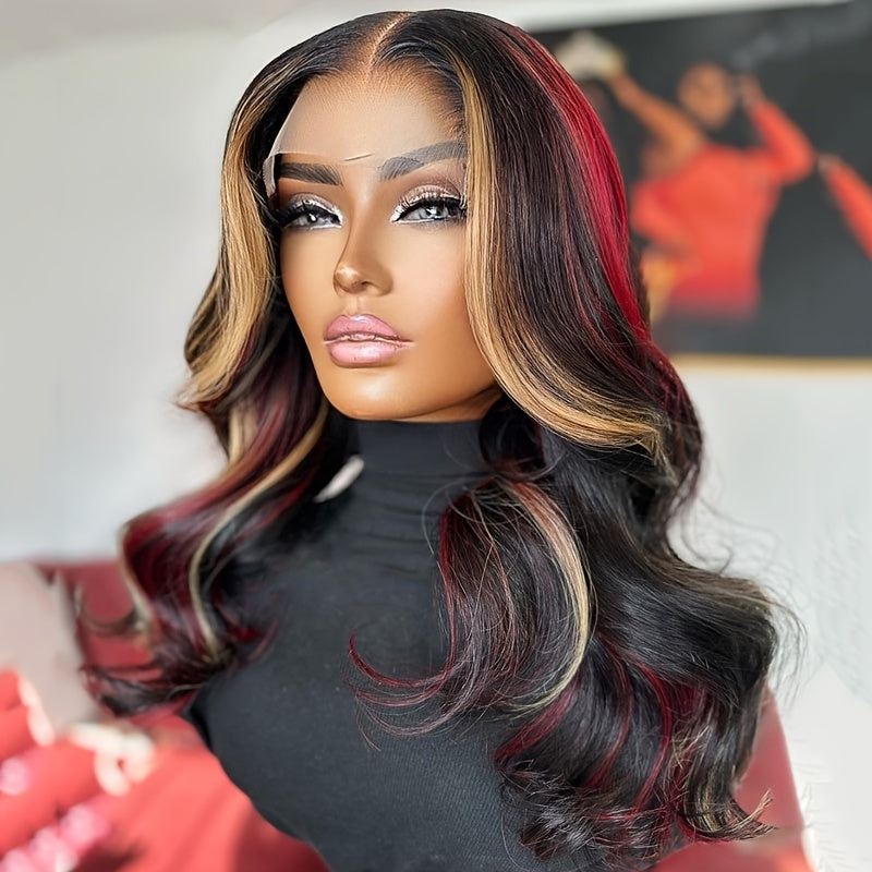 Luxurious Blonde & Red Highlighted Wig | 180% Full Body Wave | 13x4 Pre-Plucked Lace Front | Natural Brazilian Remy Hair for Professional Women