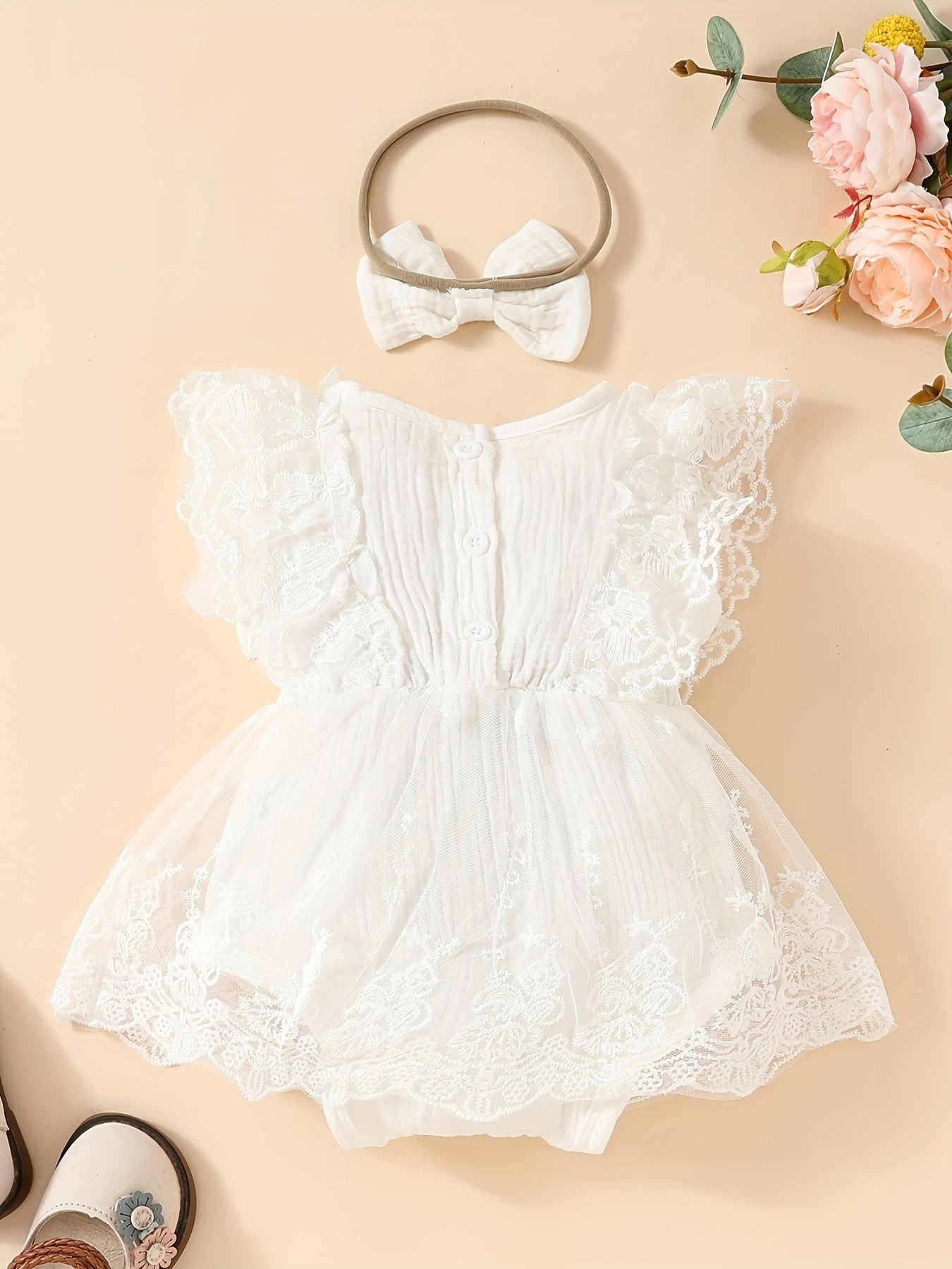 Baby's Lace Flower Embroidered Mesh Muslin Dress, Solid Color Lovely Sleeveless Dress, Infant & Toddler Girl's Clothing For Summer