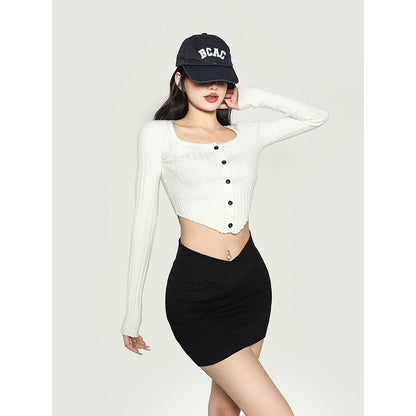 Antmvs Waliya Solid Color White Long-sleeved Slim Knit Button Up Ribbed Cropped Top