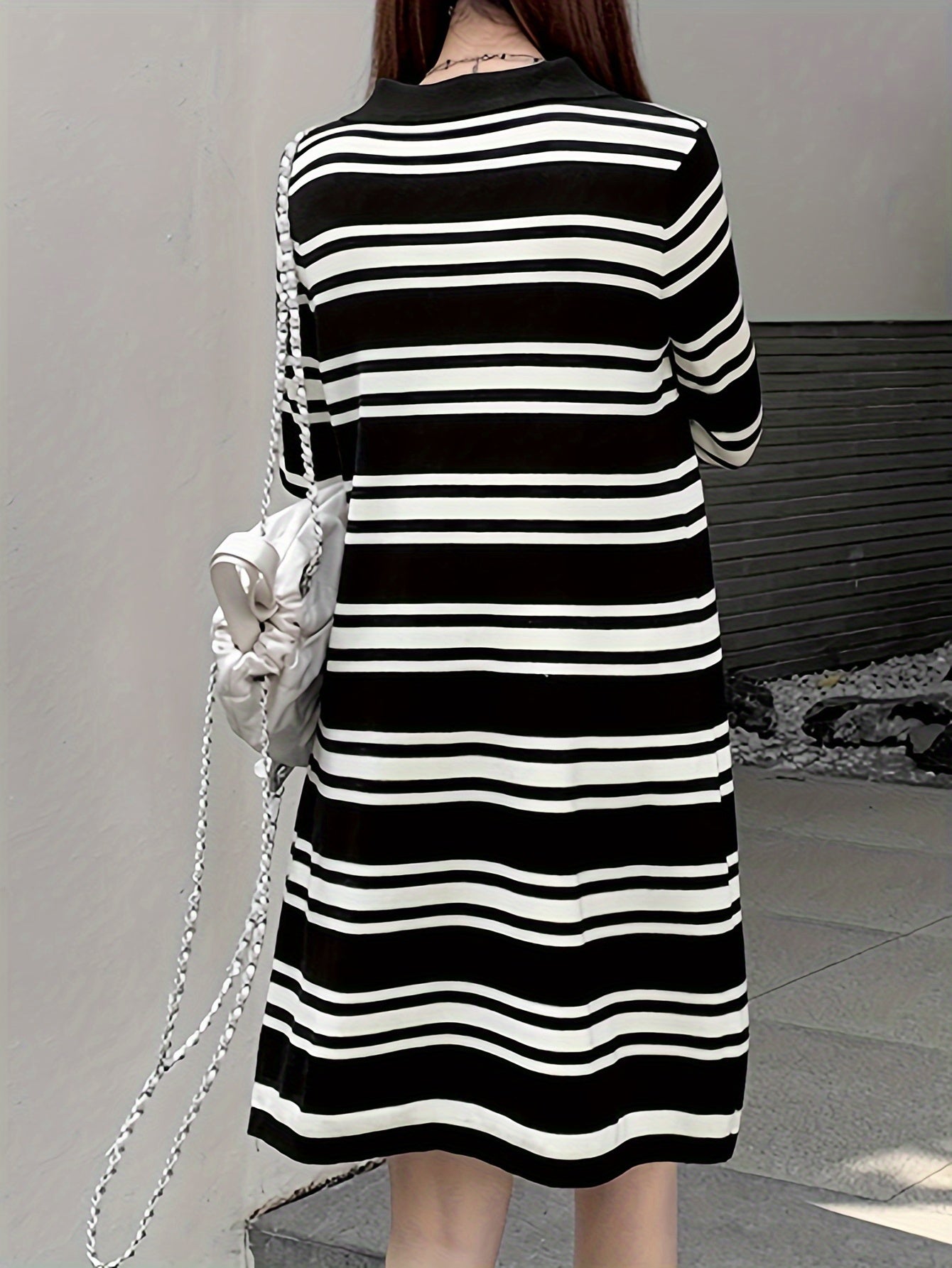 Antmvs Stripe Print Button Collared Dress, Casual Long Sleeve Loose Knit Dress, Women's Clothing