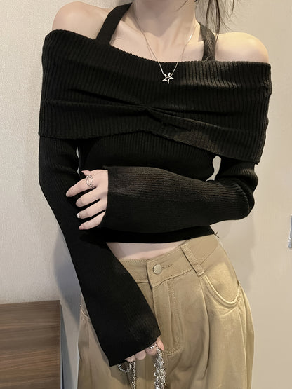 Antmvs Solid Color Halter Neck Pullover Sweater, Casual Long Sleeve Off Shoulder Sweater For Fall & Winter, Women's Clothing