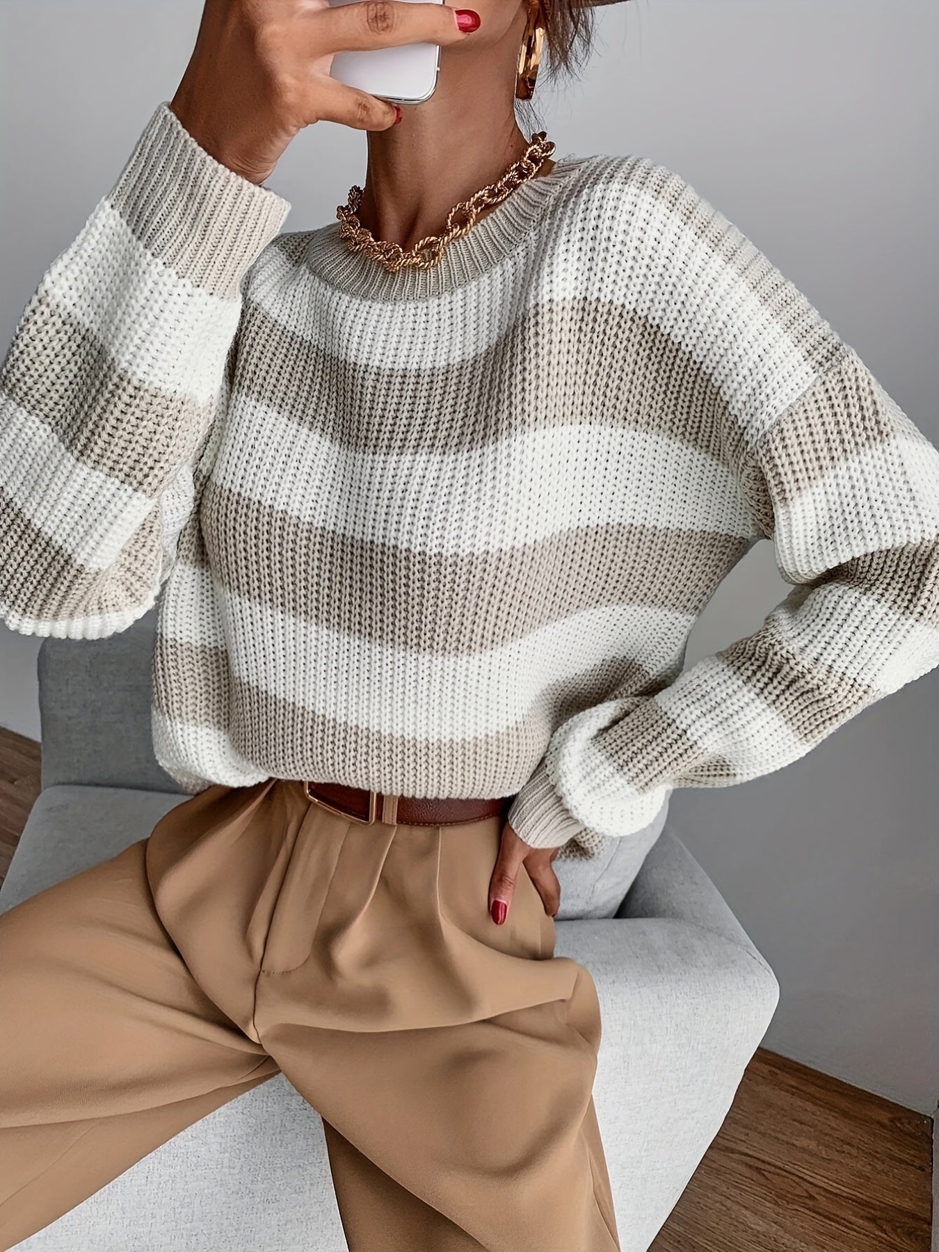 Antmvs Color Block Drop Shoulder Sweater, Casual Long Sleeve Sweater For Fall & Winter, Women's Clothing