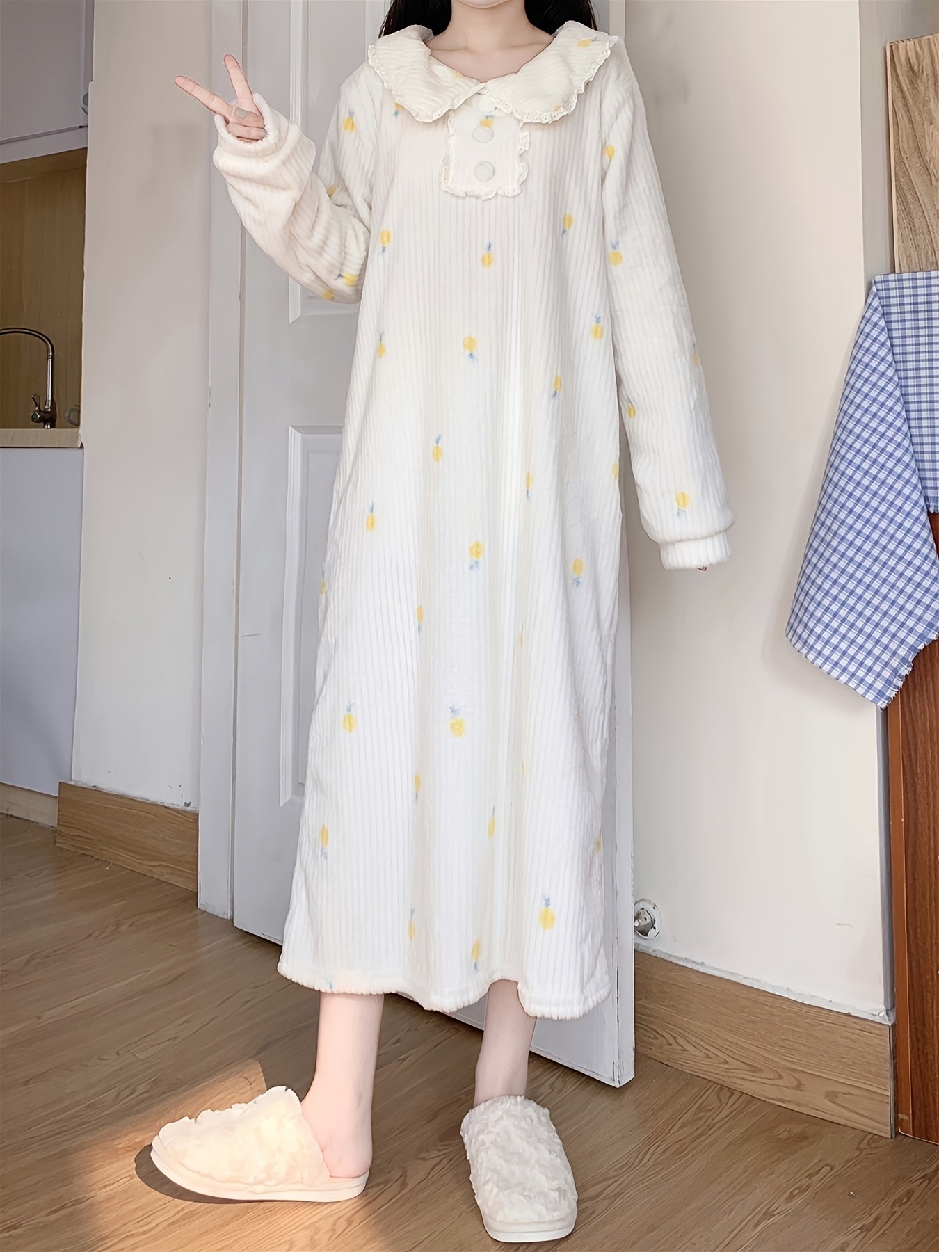 Antmvs Pineapple Print Fuzzy NightDress, Long Sleeve Lapel Pajama Dress, Women's Sleepwear & Dresses