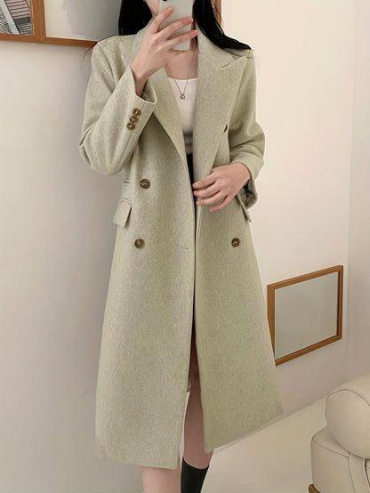 Antmvs Solid Color Double-breasted Coat, Casual Long Sleeve Lapel Coat For Fall & Winter, Women's Clothing