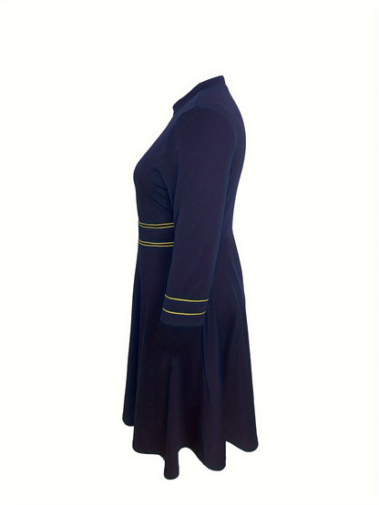 Antmvs Plus Size Elegant Dress, Women's Plus Contrast Binding Long Sleeve Stand Collar A-line Dress
