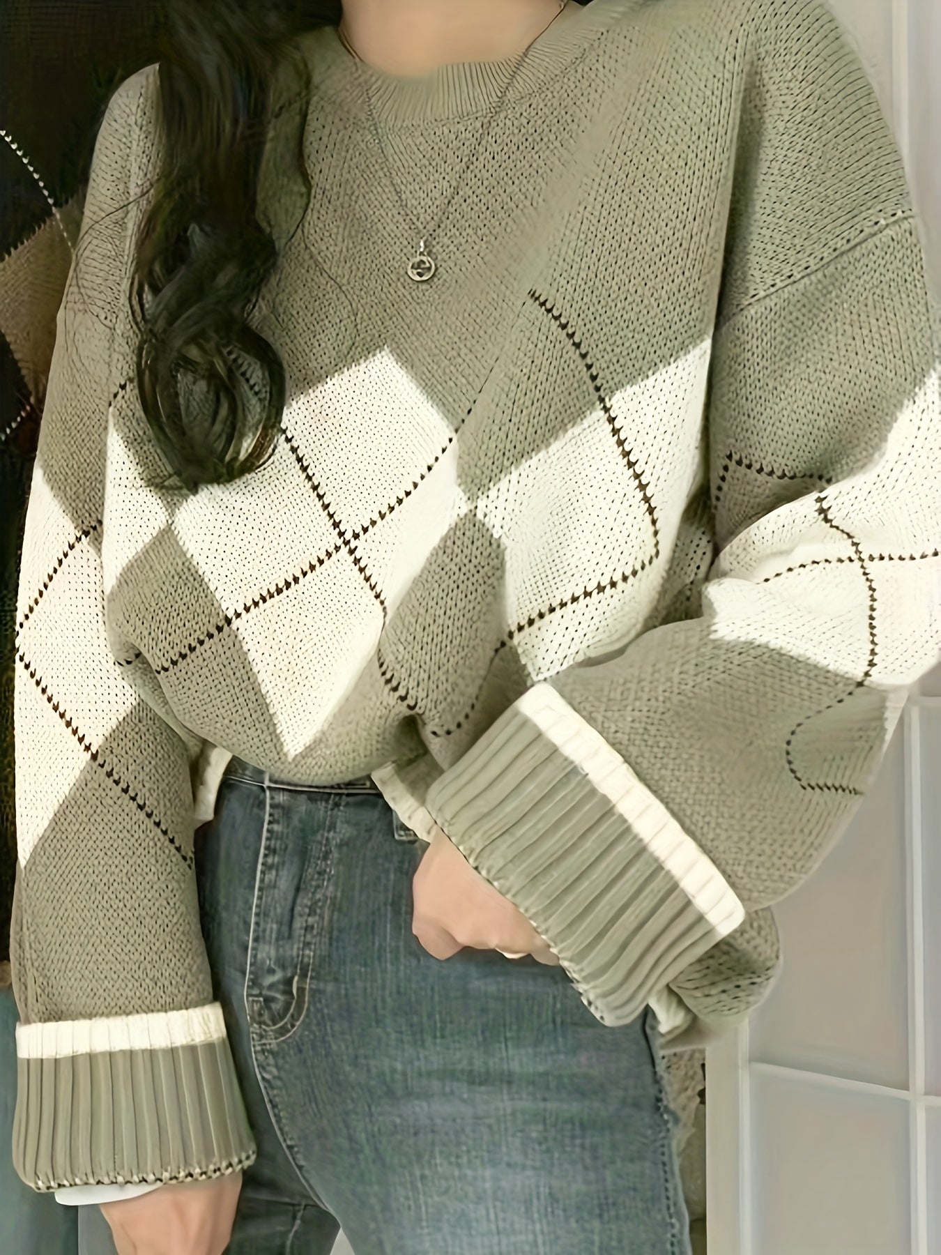 Antmvs Argyle Pattern Crew Neck Pullover Sweater, Vintage Long Sleeve Loose Sweater, Women's Clothing