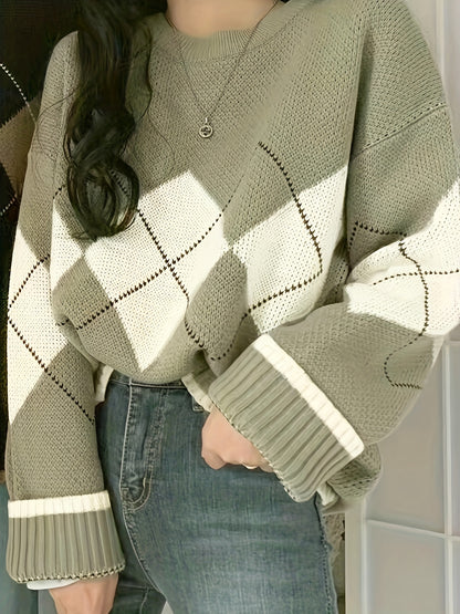 Antmvs Argyle Pattern Crew Neck Pullover Sweater, Vintage Long Sleeve Loose Sweater, Women's Clothing