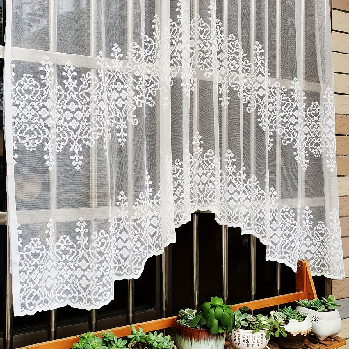 1pc Geometric Wavy Window Curtains - White Lace Cafe Style for Living Room, Bedroom, Kitchen, and Home Decor