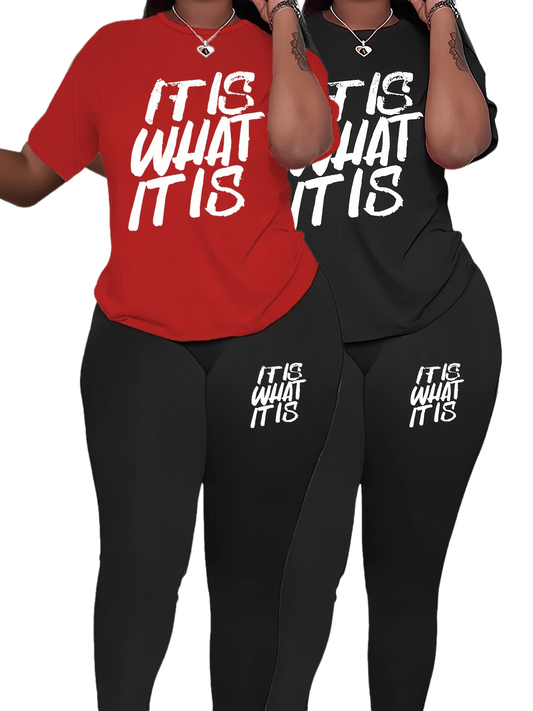 2-Piece Plus Size Sports Outfits Set - Women's Comfortable Slogan Print Short Sleeve Round Neck Tee & Leggings Set for Fitness and Casual Wear - Soft, Breathable, and Stylish