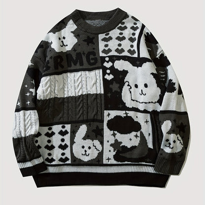 Antmvs Cartoon Rabbit Pattern Knitted Sweater, Men's Casual Warm Slightly Stretch Round Neck Pullover Sweater For Fall Winter