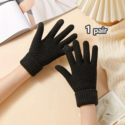 Unisex Winter Full Finger Knit Gloves, Touch Screen Thermal Gloves For Outdoor Cycling