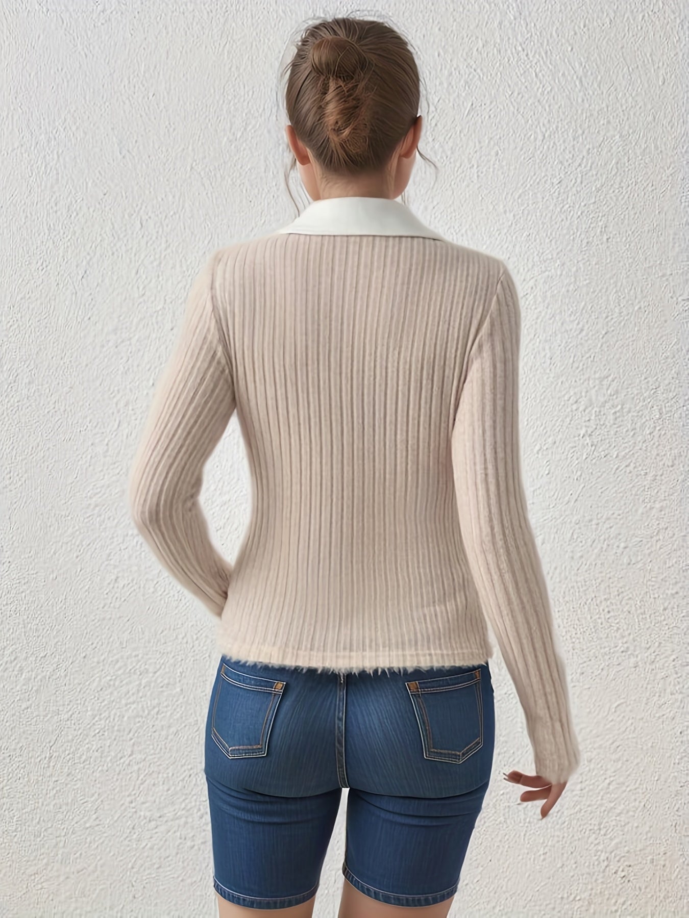 Antmvs Slim Rib Knit Sweater, Casual V Neck Long Sleeve Sweater, Women's Clothing