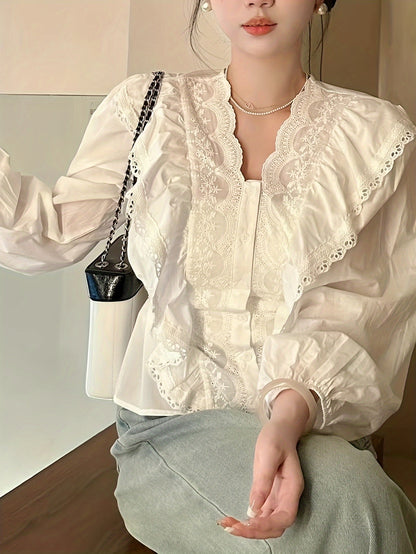 Antmvs Contrast Lace Button Front Blouse, Ruffle Trim Lantern Sleeve Blouse For Spring & Fall, Women's Clothing