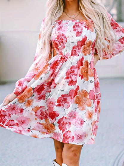 Antmvs Floral Print Shirred Dress, Elegant Long Sleeve Dress, Women's Clothing