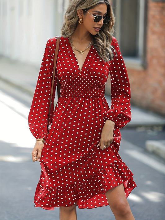 Antmvs Retro V-neck Ruffle Dress, Polka Dot Print Long Sleeve Waist Loose Summer Dresses, Women's Clothing