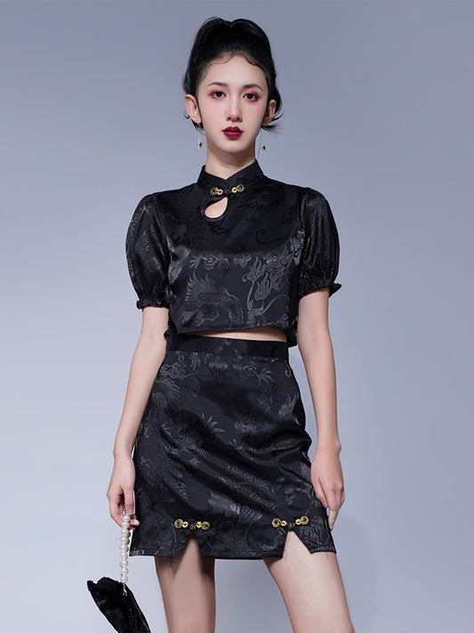 Antmvs Chinese Dragon Jacquard Cheongsam Suit, Short Sleeve Crop Top & High Waist Skirt, Women's Clothing