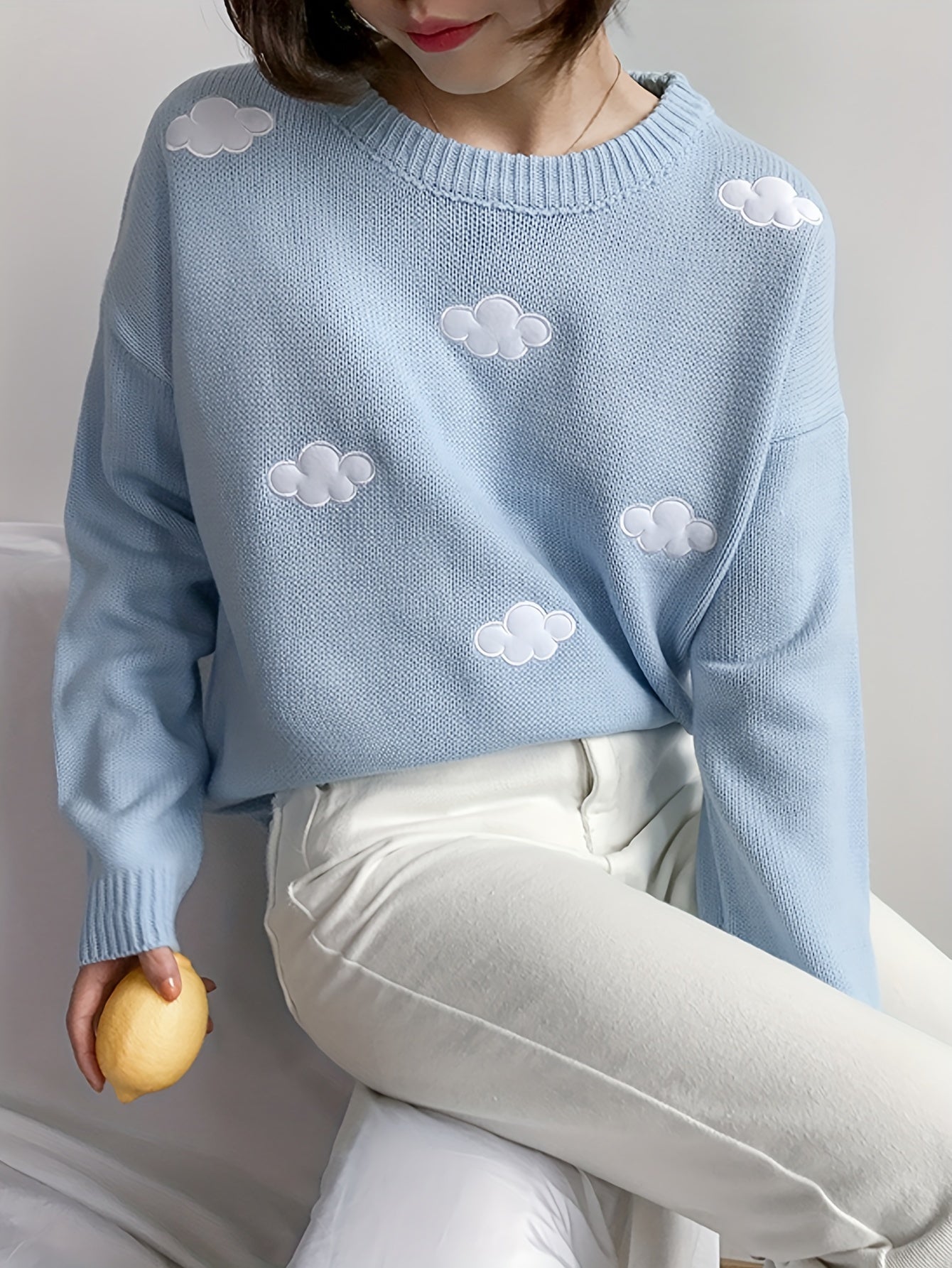 Antmvs Preppy Cloud Pattern Sweater, Long Sleeve Casual Cute Sweater For Winter & Fall, Women's Clothing