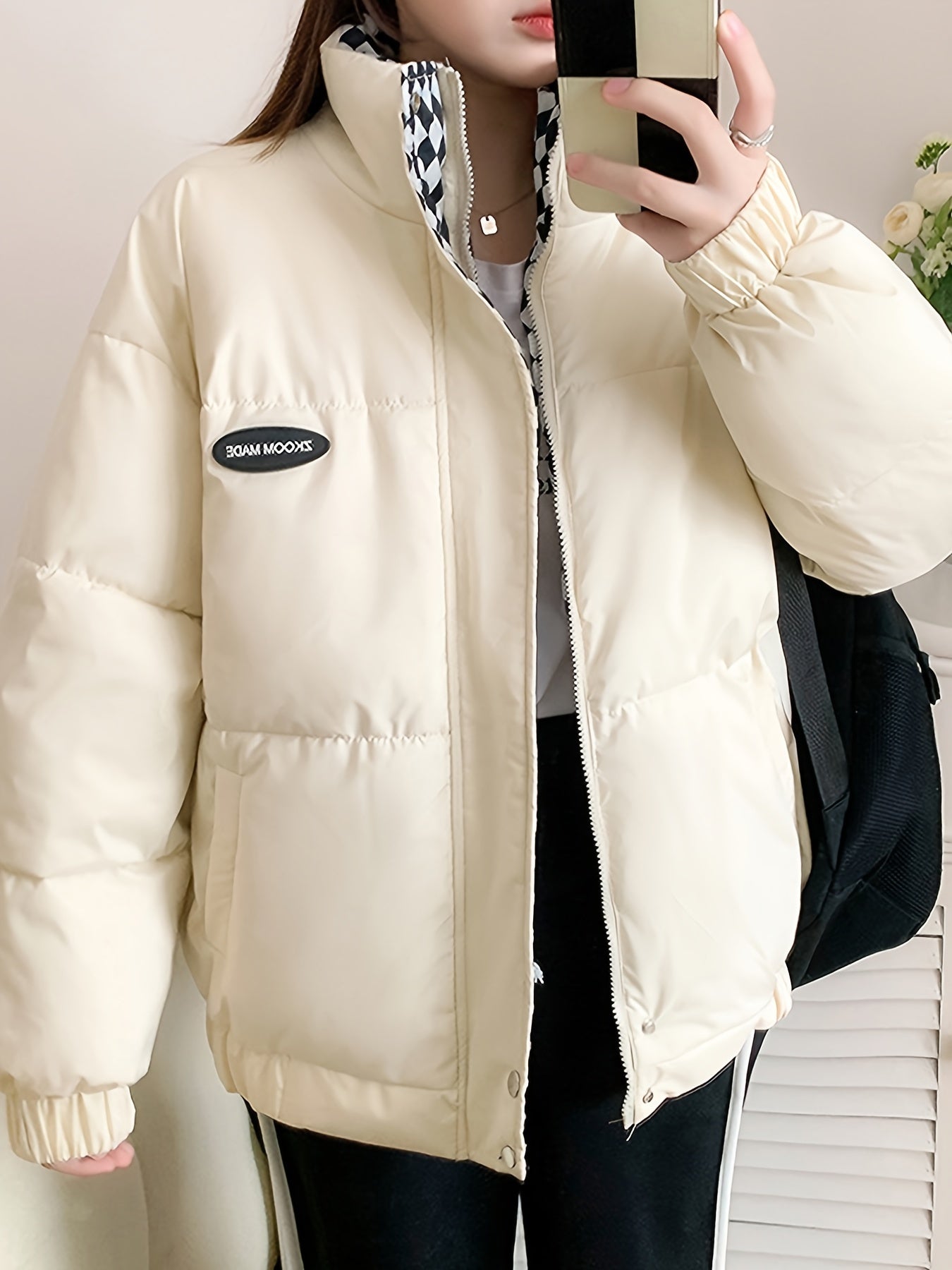 Antmvs Solid Puffy Warm Coat, Casual Zip Up Long Sleeve Winter Outerwear, Women's Clothing