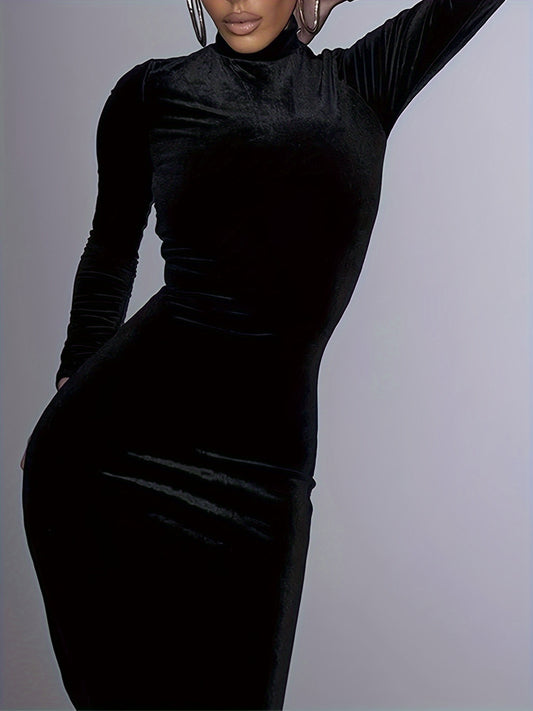 Antmvs Velvet Mock Neck Dress, Elegant Long Sleeve Ruched Bodycon Dress, Women's Clothing