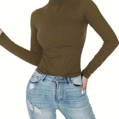Antmvs Women's Casual High Neck Long Sleeve T-Shirts, Solid Color Turtleneck Basic T Shirt, Women's Tops
