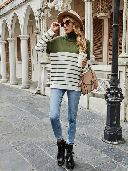 Antmvs Striped Turtle Neck Pullover Sweater, Casual Long Sleeve Sweater, Women's Clothing