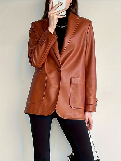 Antmvs Faux Leather Button Front Blazer, Elegant Dual Pockets Lapel Long Sleeve Blazer For Office & Work, Women's Clothing