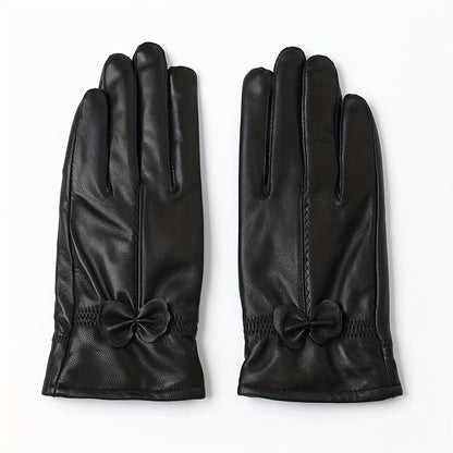 Women's Black Sheepskin Gloves Stylish Plus Velvet Warm Real Leather Gloves Autumn Winter Bow Ruffle Decor Coldproof Riding Gloves