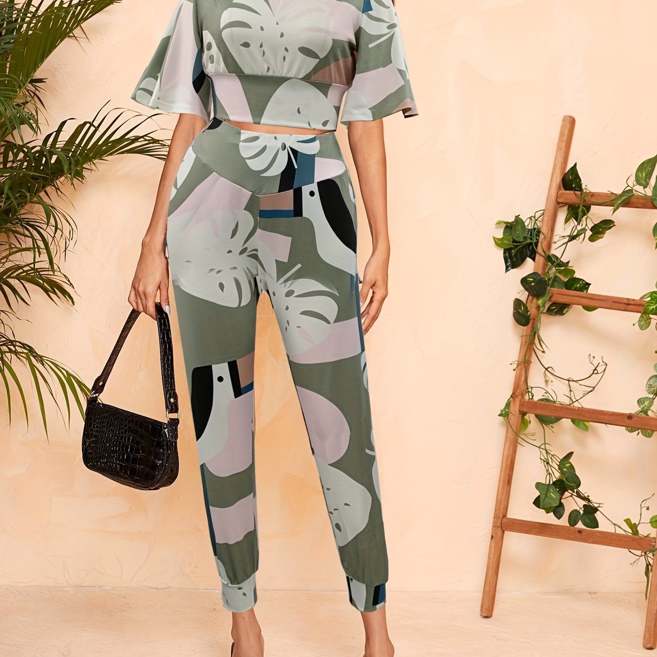 Antmvs Leaf Print Casual Two-piece Set, Bell Sleeve Crop Top & High Waist Slim Pants Outfits, Women's Clothing