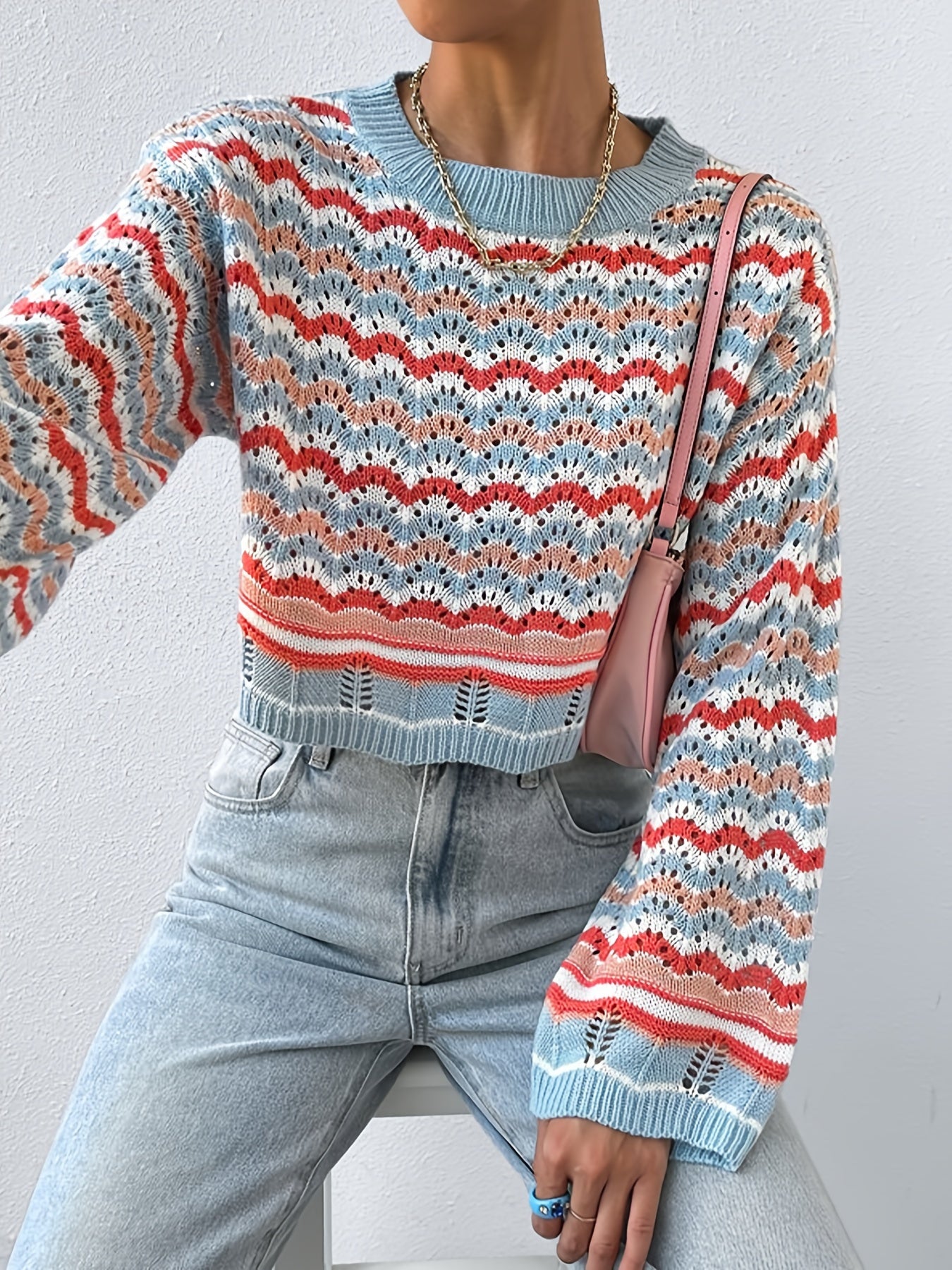 Antmvs Colorful Printing Knit Sweater, Casual Crew Neck Long Sleeve Sweater, Women's Clothing