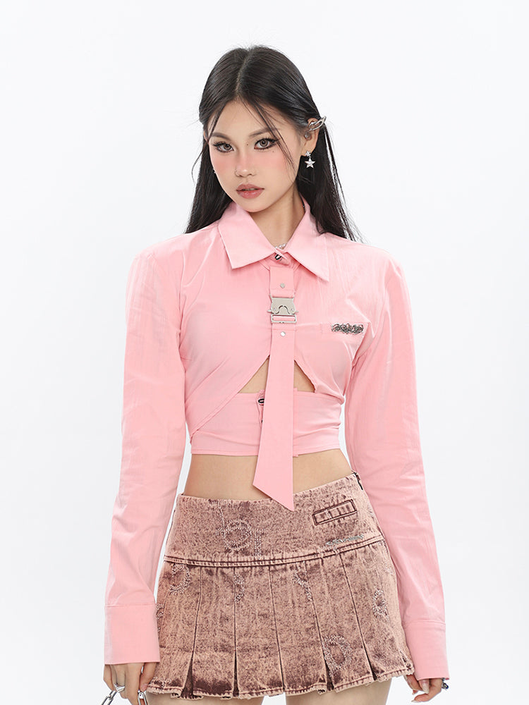 Antmvs Cassy Spice Girl Metal Brooch Solid Color Necktie Long Sleeve Cut Out Waist Wrap Office Shirt Cropped Top