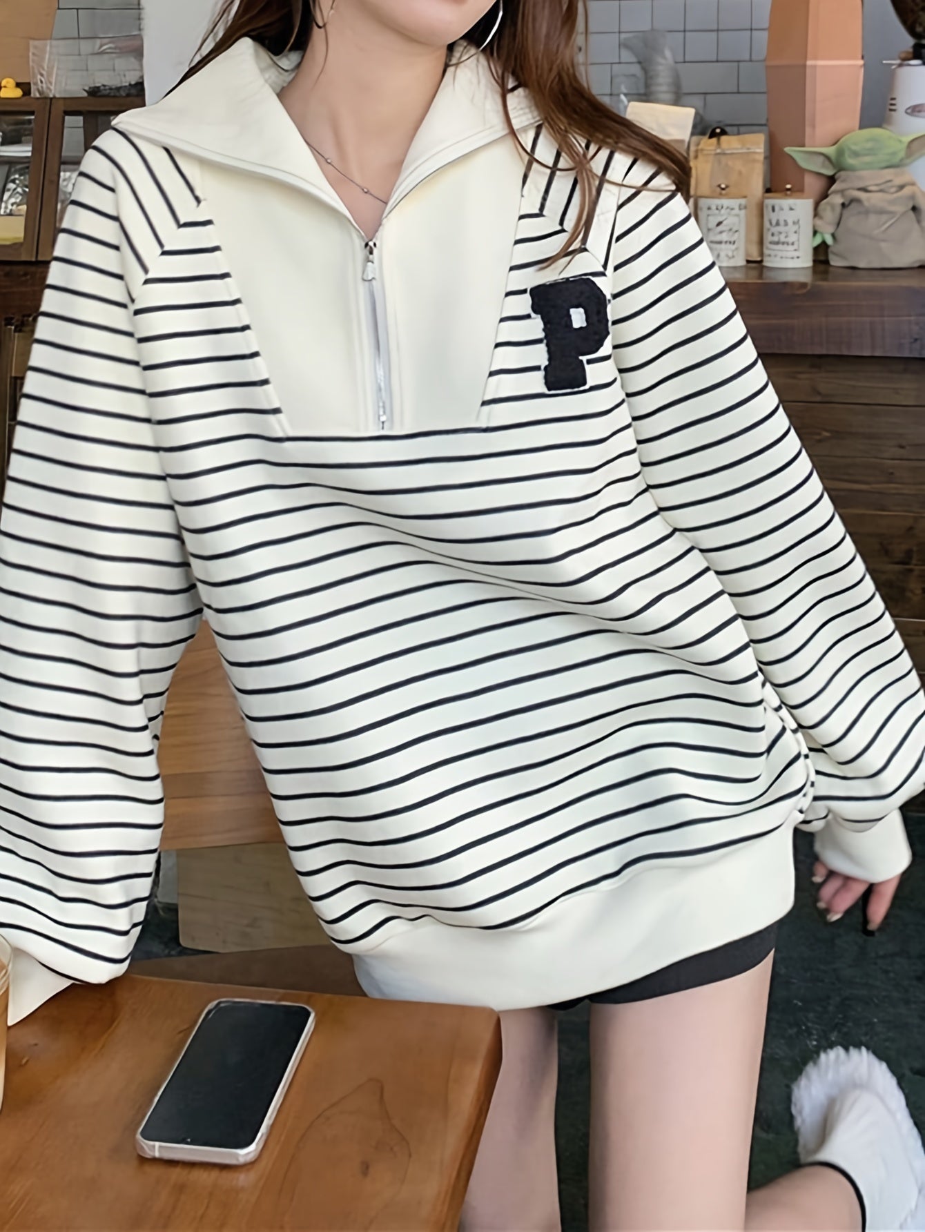 Antmvs Letter Patch Striped Print Sweatshirt, Casual Long Sleeve Quarter Zip Sweatshirt For Fall & Winter, Women's Clothing