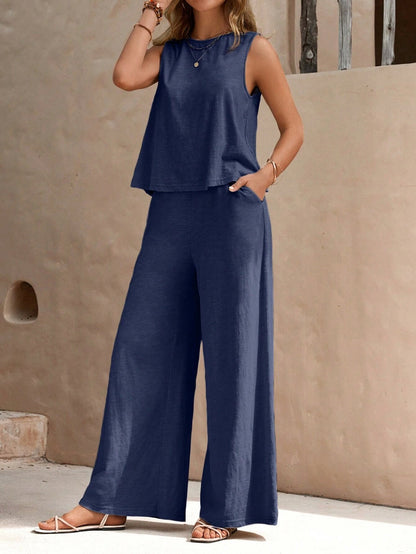 Antmvs -  Women's Solid Sleeveless Tank Top & Wide Leg Pants Two-piece Set, Casual Basic Round Neck Top & Pocket Trousers for Summer, Ladies Clothes for Daily Wear, Summer Outfits 2024