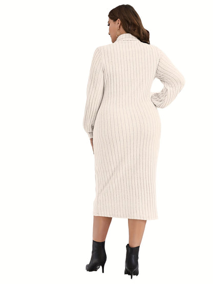 Antmvs Plus Size Casual Dress, Women's Plus Solid Ribbed Lantern Sleeve High Neck Bodycon Midi Dress