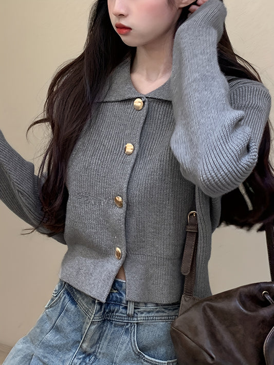 Antmvs Solid Button Up Knit Cardigan, Casual Turndown Collar Long Sleeve Sweater, Women's Clothing