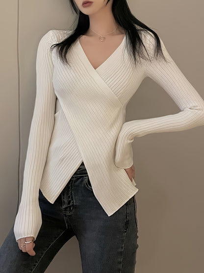 Antmvs Solid Cross Front Knitted Top, Casual Long Sleeve V Neck Slim Sweater, Women's Clothing