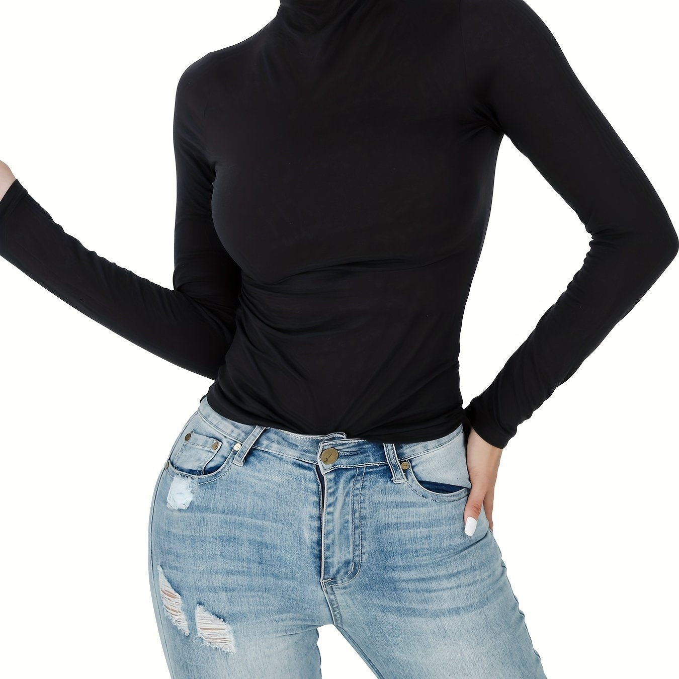Antmvs Women's Casual High Neck Long Sleeve T-Shirts, Solid Color Turtleneck Basic T Shirt, Women's Tops