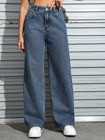 Antmvs Blue Slant Pockets Straight Jeans, Loose Fit Non-Stretch Casual Wide Legs Jeans, Women's Denim Jeans & Clothing