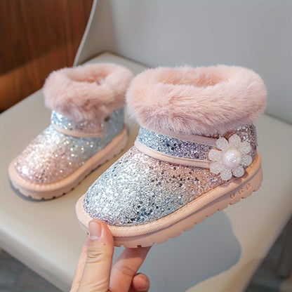 Vibrant Sequin Flower Furry Snow Boots for Girls - Warm, Non-slip, Wear-resistant, Plus Fleece Lined, Comfortable, and Stylish Winter Boots for Autumn and Winter Season