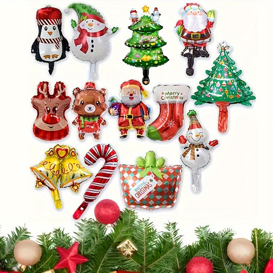 10pcs Mini Christmas Cartoon Cute Balloons, Assorted Colors, Aluminum Foil Balloon Decorations for Party & Gathering, Festive Holiday Decoration Props, No Power Needed, Christmas Party Supplies