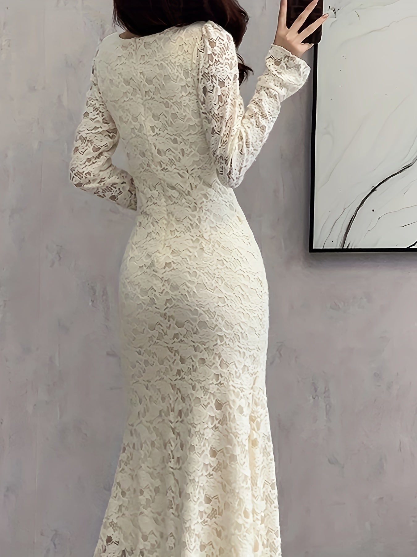 Antmvs Square Neck Lace Trumpet Dress, Chic Long Sleeve Ruched Mid Calf Dress, Women's Clothing