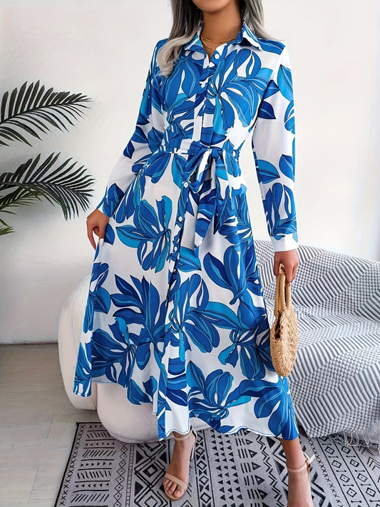 Antmvs Floral Print Button Front Dress, Elegant Long Sleeve Midi Dress, Women's Clothing