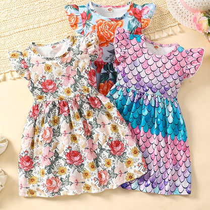 3 Packs Girls Mermaid & Whales & Rainbow Pattern Frill Sleeve Comfy Casual Dresses - Soft Slight Stretch Polyester Fabric, A-Line Fit, Perfect for Summer Holiday Gift