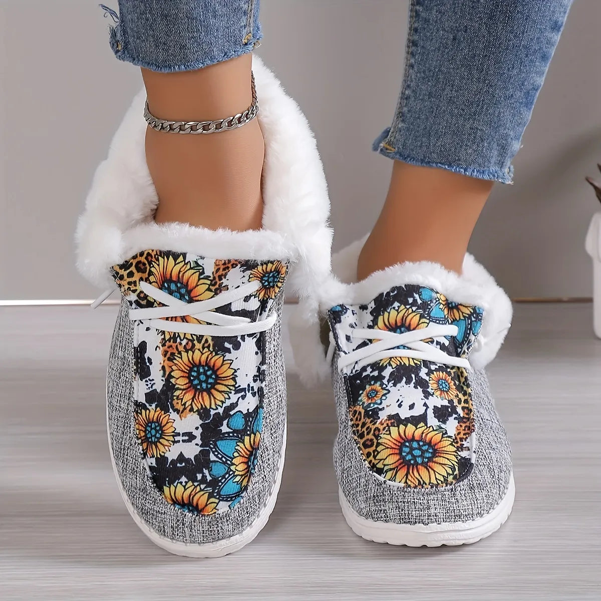 Women Plush Lined Snow Boots Sunflower Print Cozy Slip On Fuzzy Canvas Shoes Thermal Ankle Boots